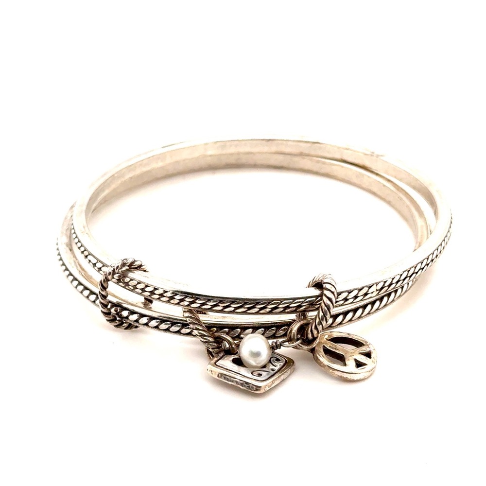 Brighton Silver Plated Bangle Bracelet Set Peace Heart Pearl Charms 7.5 Inch